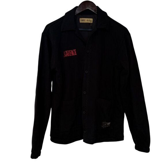 Scarface Embroidered Design Red Rose Button Up Corduroy Black Jacket Size Small - Picture 4 of 9